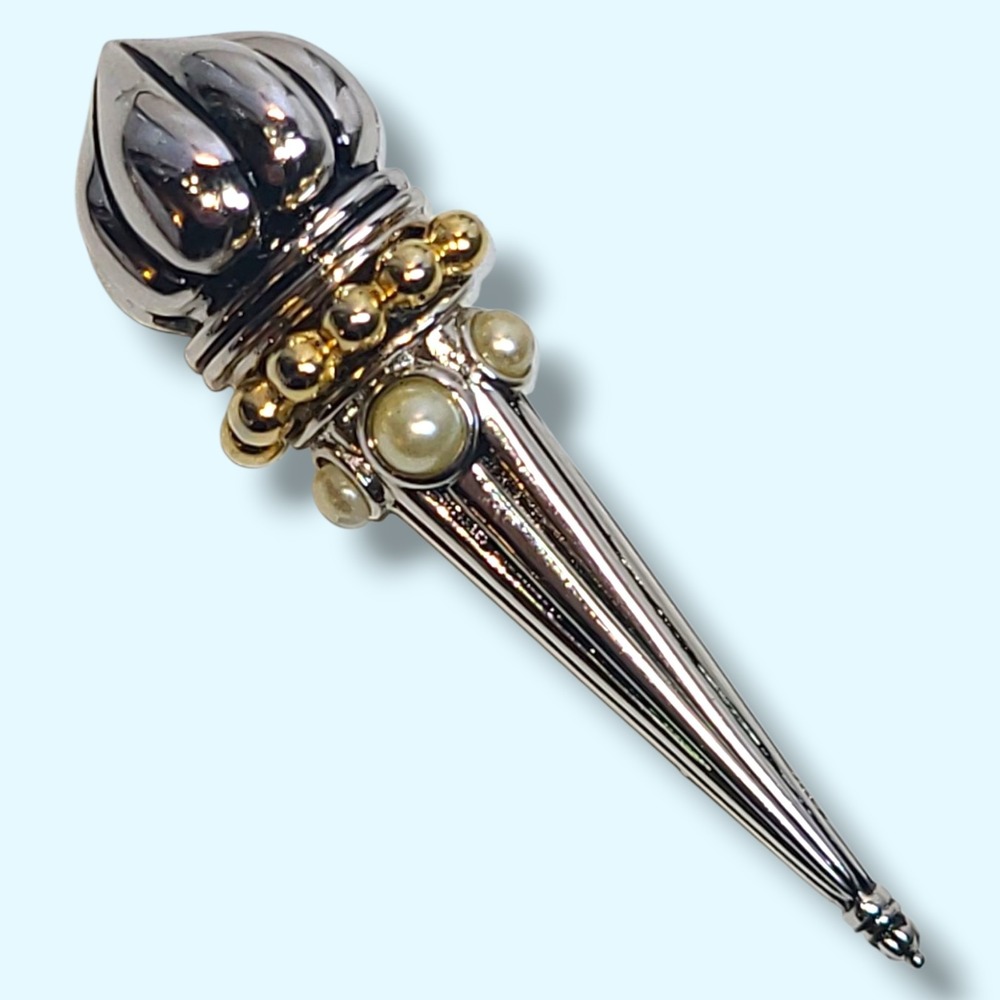 Vintage Torch Brooch Pin Silver Gold Tone Faux Pearl Accents Statement